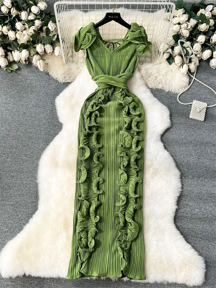 Wmstar vestido feminino festa noite luz luxo plissado tridimensional babados em camadas longo vestido elegante novo no verão 2025