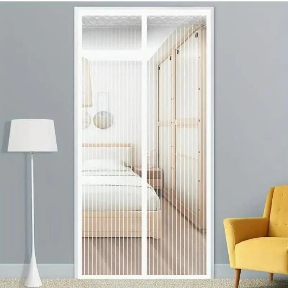 Oversized Magnetic Mosquito Net Door,white Striped Diamond Mesh Material Bedroom Screen with Automatic Closing Device, Full-size