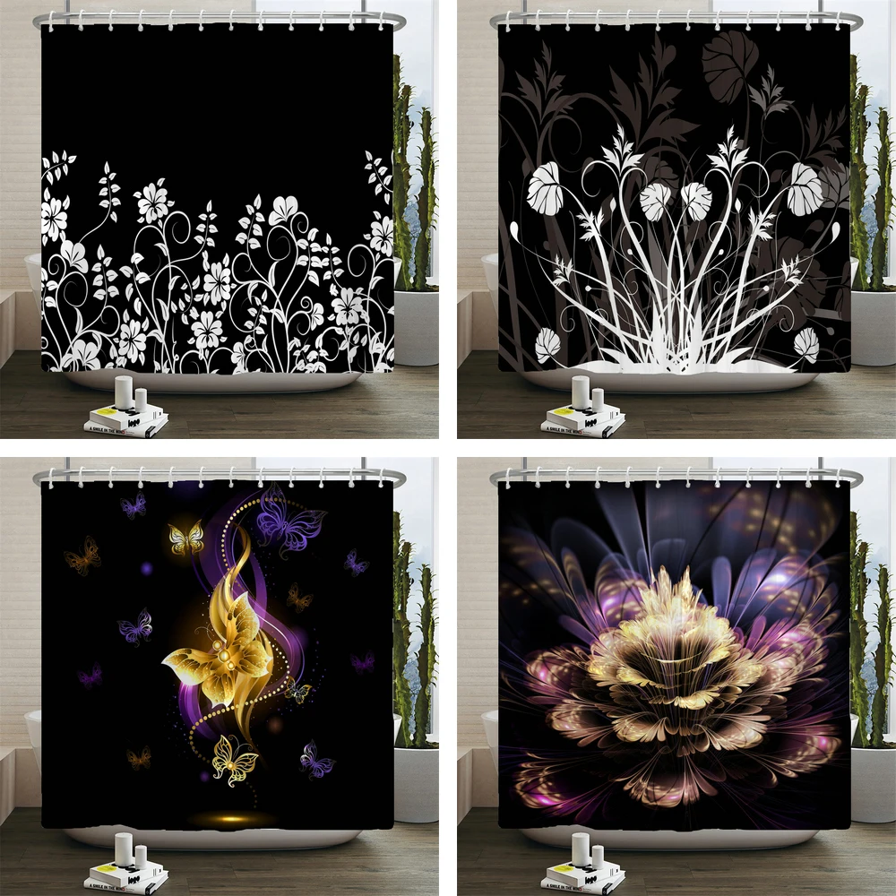 

Black white Flower Shower Curtains Bathroom Curtain Waterproof 3d Print Modern Bath Curtain Polyester Fabric 12 Hooks 180*180cm