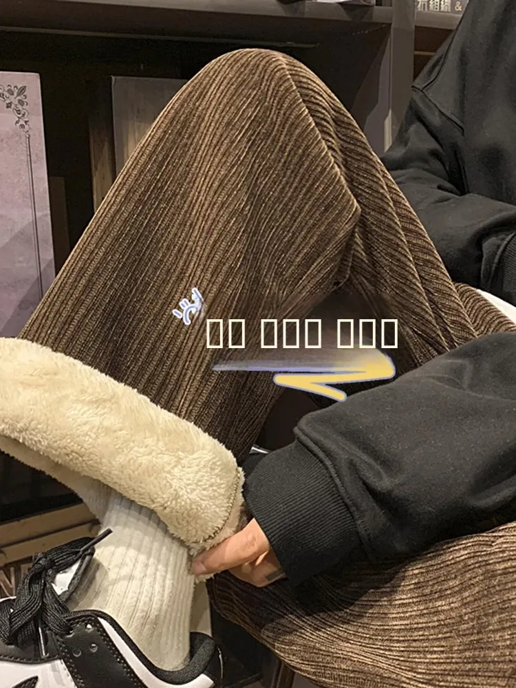 

Мужские зимние брюки из ультратонкого бархата с флисовой подкладкой, прямые широкие брюки в американском ретро-стиле, повседневные брюки