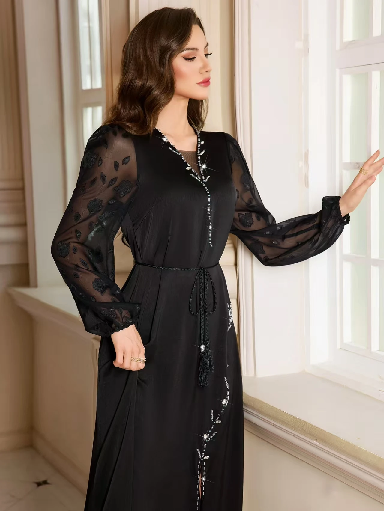 Ele Faion Satin fendu Dr avec moi Sve Patchwork taille haute longue lanterne Sve jupe trapèze robe de soirée