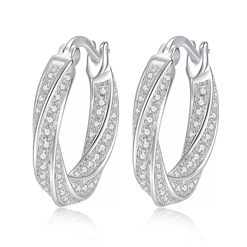 

925 sterling silver inlaid moissanite Mobius hoop earrings 19mm twist huggie earrings rhodium-plated through the diamond tester