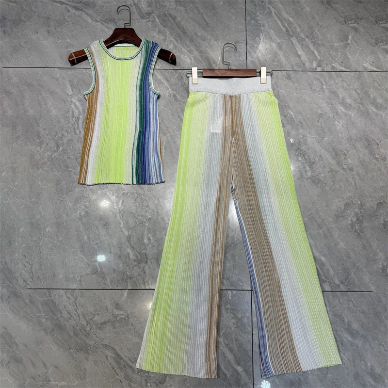 

Women's two pieces set New elastic knitted straight leg pants for summer 2025 Metal yarn blended striped wide leg pants y2k vest