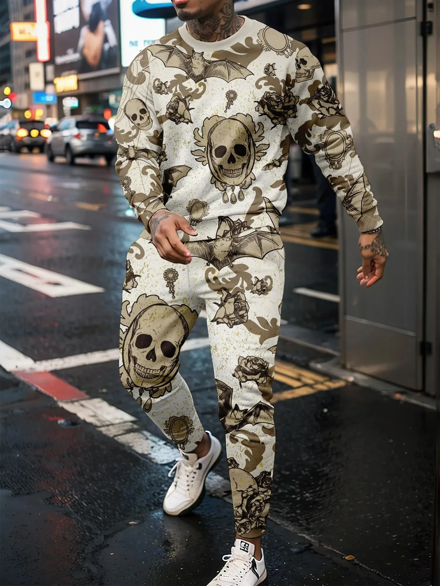Men\'s Tracksuit Casual 3D Skull Print 2 Piece Sets Long Sleeve T-Shirt+pants 2pcs Set Fashion Outfits Oversized Unisex Clothing