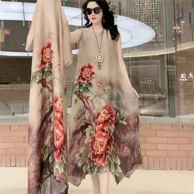 High Atmospheric Elegant Silk Dress Two-piece set 2024 Summer New Westernized Mulberry Silk Large Size Temperament Long Set Skir