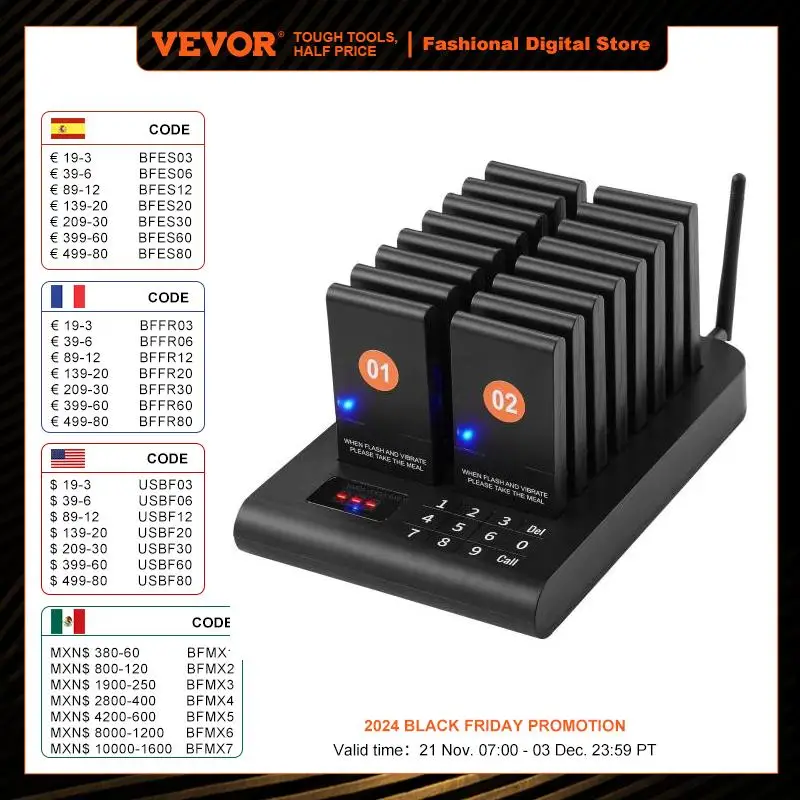 

VEVOR 16/20/24pcs Restaurant Pager System Wireless Range Waiting Pager Signal Customer Calling Beeper with Vibration Flashing