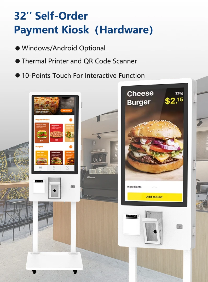 كشك طلب ودفع المطاعم قائم على الأرض من VETO مقاس 32 بوصة مع ماسح رمز الاستجابة السريعة