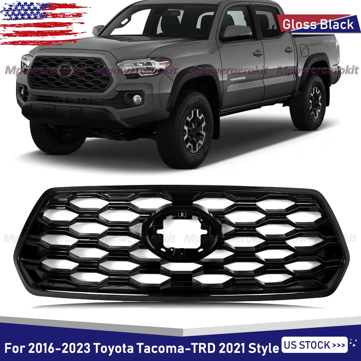 

Honeycomb Mesh Front Grill For 2016-2023 Toyota Tacoma 2021TRD Racing Grill Bumper Grille Modified Grille Assembly Glossy Black