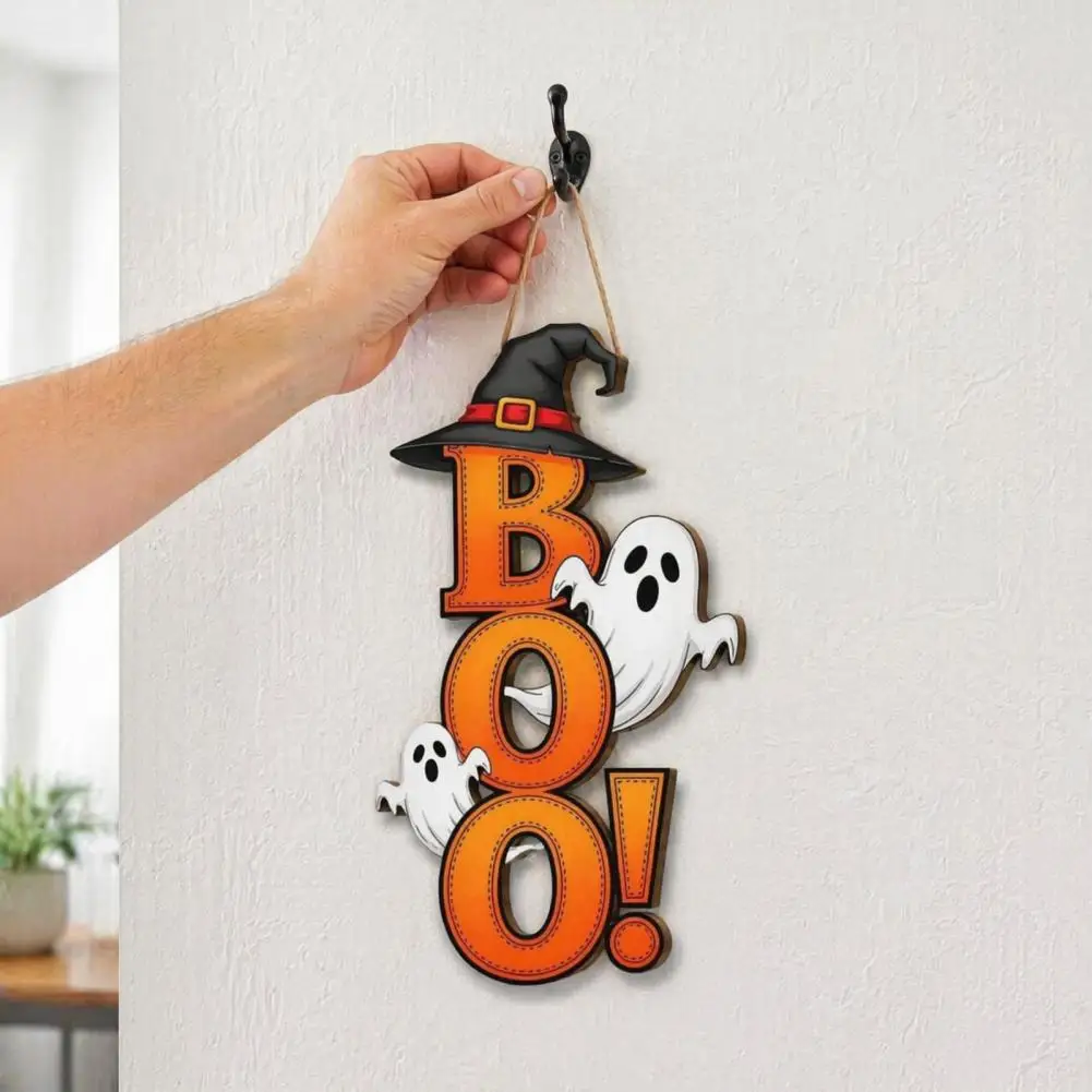 Spooky Wall Decoration Halloween Boo Ghost Door Hanger Sign Wooden Front Porch Plaque Cute Witch Hat for Indoor for Halloween