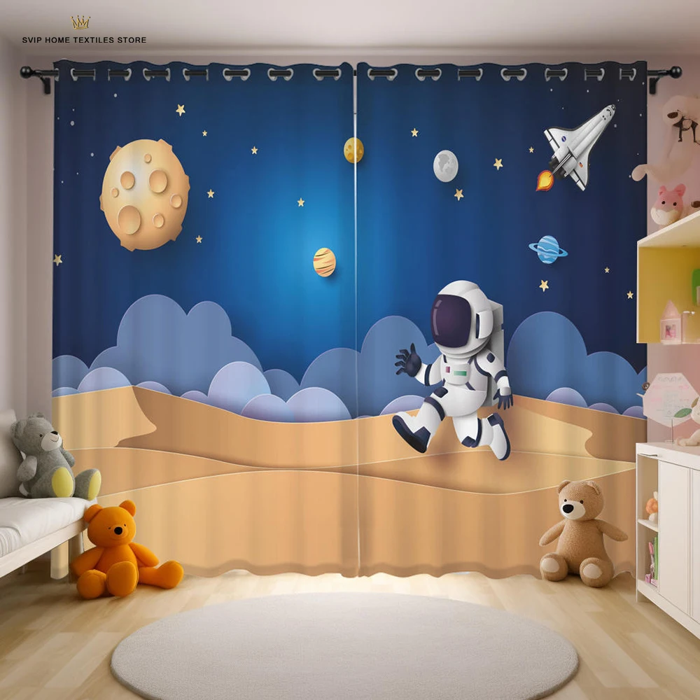 Cartoon Out Space Curtains for Kids, Galaxy Rocket for Baby Boys Bedroom, Children Astronaut Planet Starry Art Printed, Playroom