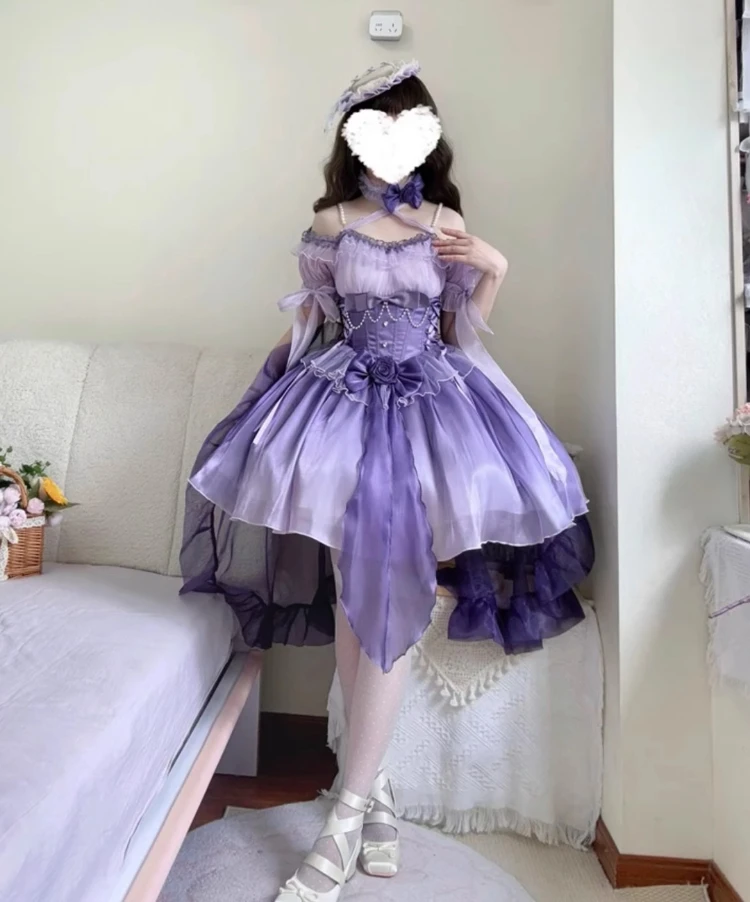 الحلو لطيف الأرجواني طويل زائدة فستان جنية سليم صالح قصيرة لوليتا الرسن فستان الزفاف للنساء الصيف زهرة فستان الزفاف #3