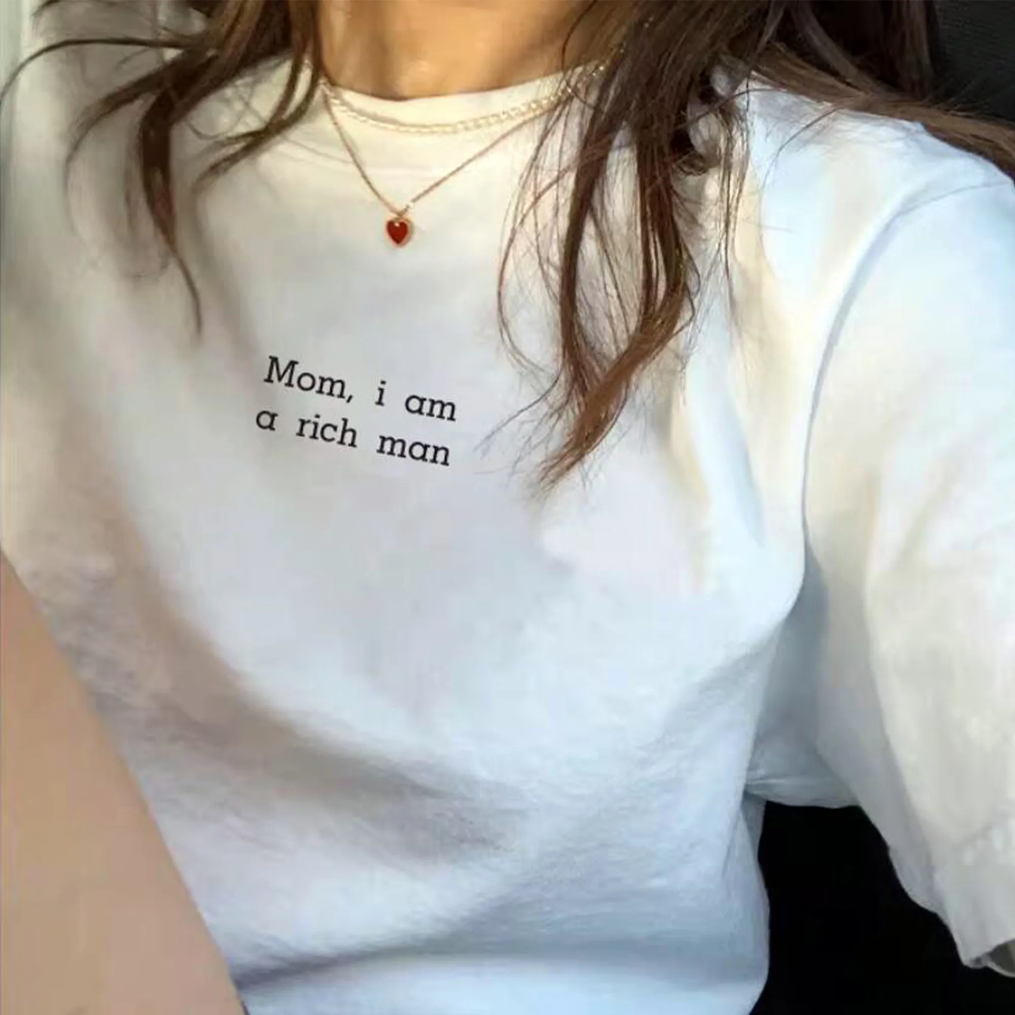 Mom i am a Rich Man Letters Printing Funny White T Shirts Summer Short Sleeve Loose Cotton Casual Tops Tees Women 2024