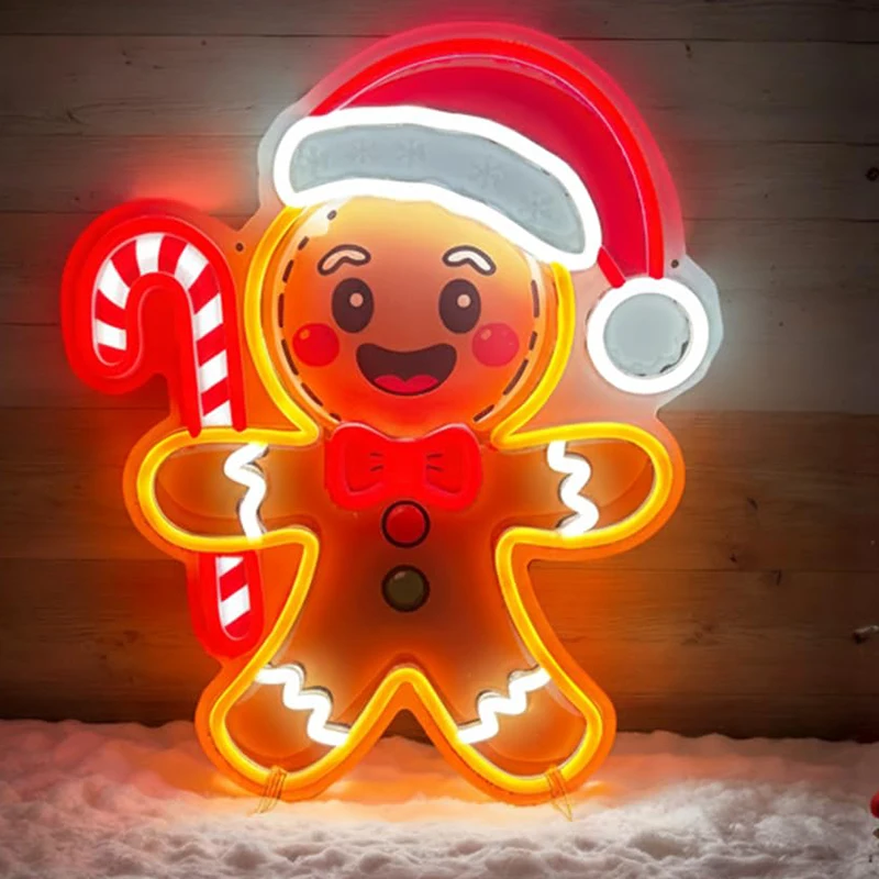 クリスマスハットネオンサイン-uvプリント-ジンジャーブレッド-キャンディケイン-ledサイン-壁飾り-ホリデーパーティー-子供部屋-窓-ギフト
