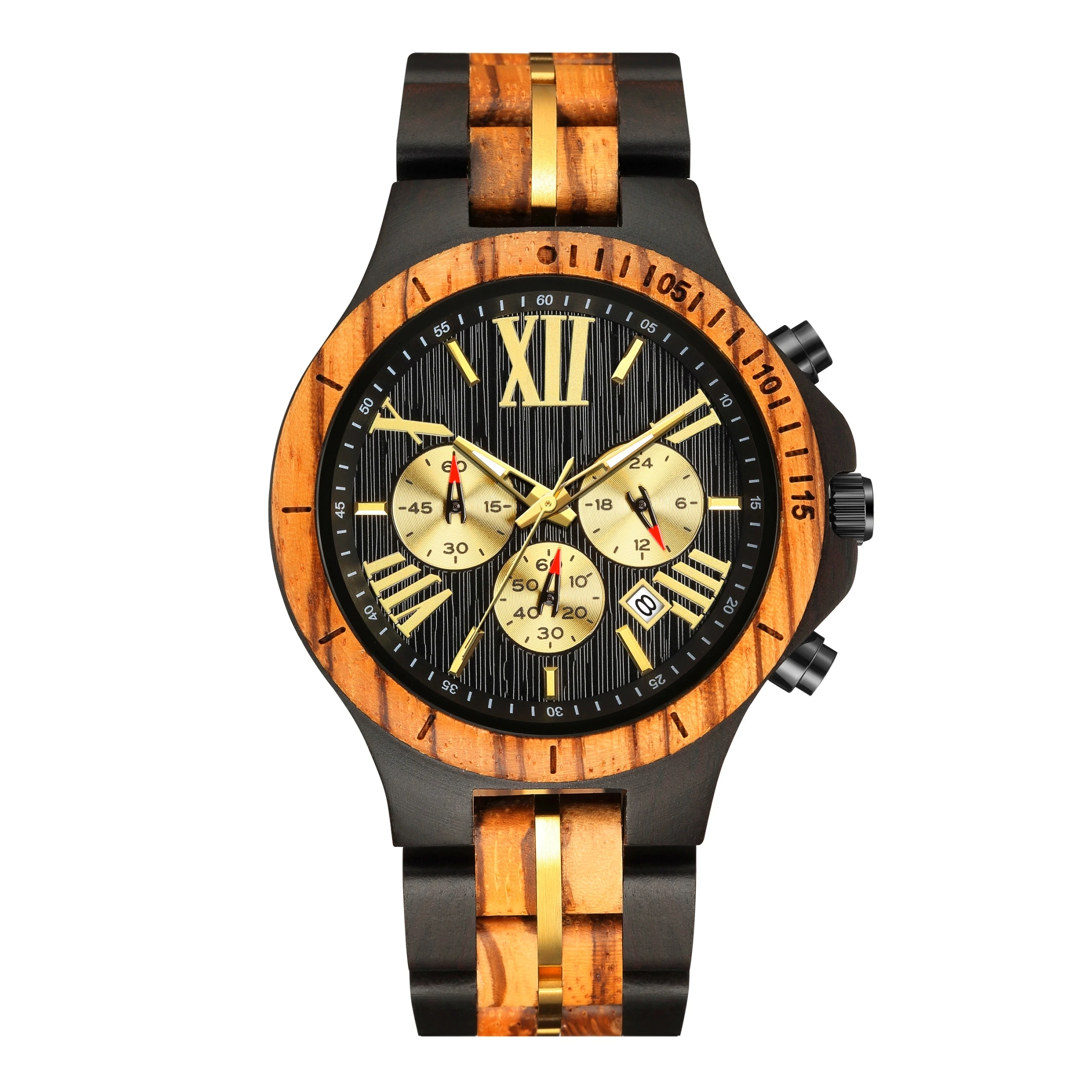 Natural Solid Wood Men's Watch Time Code Calendar Multifunctional Brown Black Quartz Watch Wood Watch Men's Watch Clock