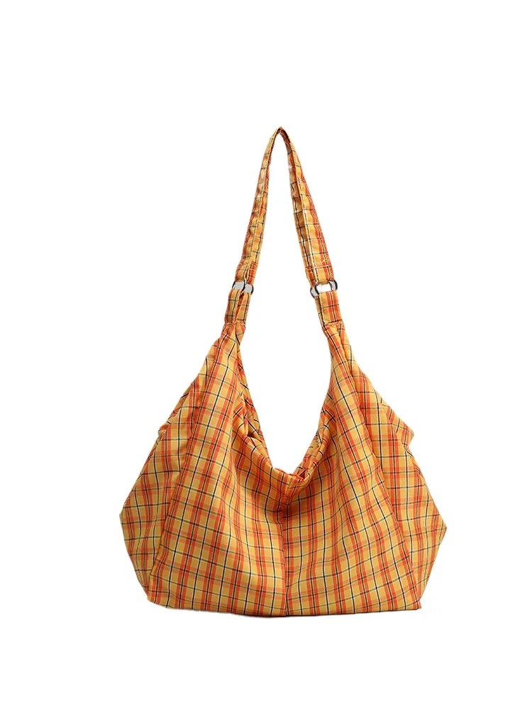 

YIFAN Women's Retro Plaid Shoulder Bag with Drawstring Pocket Large Capacity Nylon Portable Travel Messenger Bag