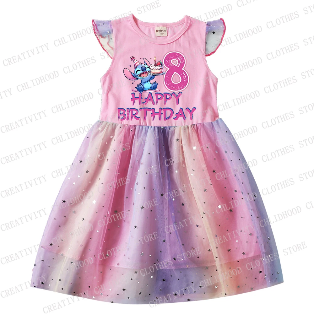 Stitch Girl Dress numer urodzinowy 1-14 dziewczyny nadruk księżniczki kreskówki Disney dzieci ubrania codzienne sukienki z gazy prezenty dla dzieci