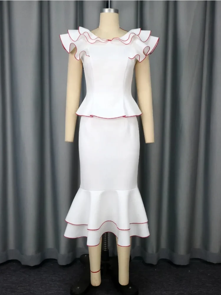 

Women's Pink Mermaid Dress Set Ruffled Trim Sleeveless Mid-Calf Bodycon Formal Event Wedding Ideal with Package Hip Accents