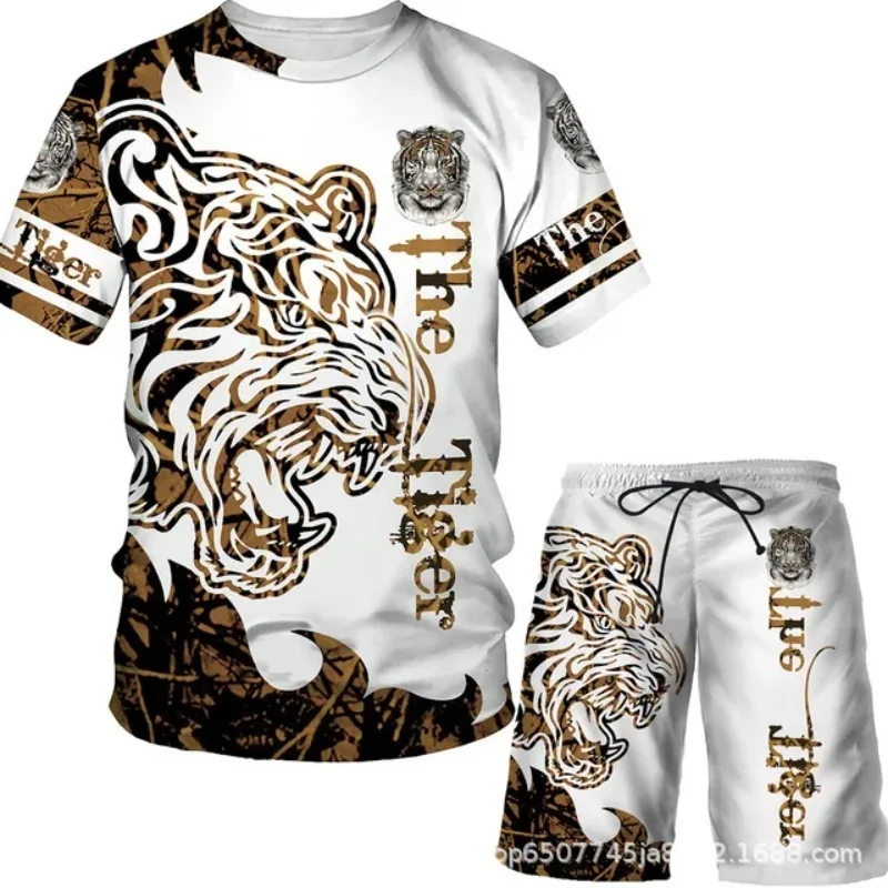 2025 Summer New 3D Printing Men's Casual Suit Lion and Tiger Print Series Men's Short-Sleeve Shorts Suit Round-Neck Casual Suit