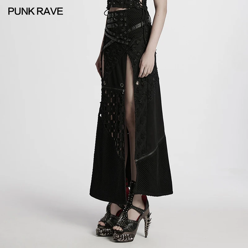 PUNK RAVE Women's Punk High Slits Sexy Powerful Detachable Skirt Party Club Halloween Twill Woven& Leather Dark Long Skirts