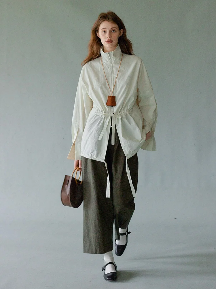 

Spring Summer New Arrival Anier Bathing Soup White Dstring Zipper irt Commute Sle Long Sve Cotton Regular Fit