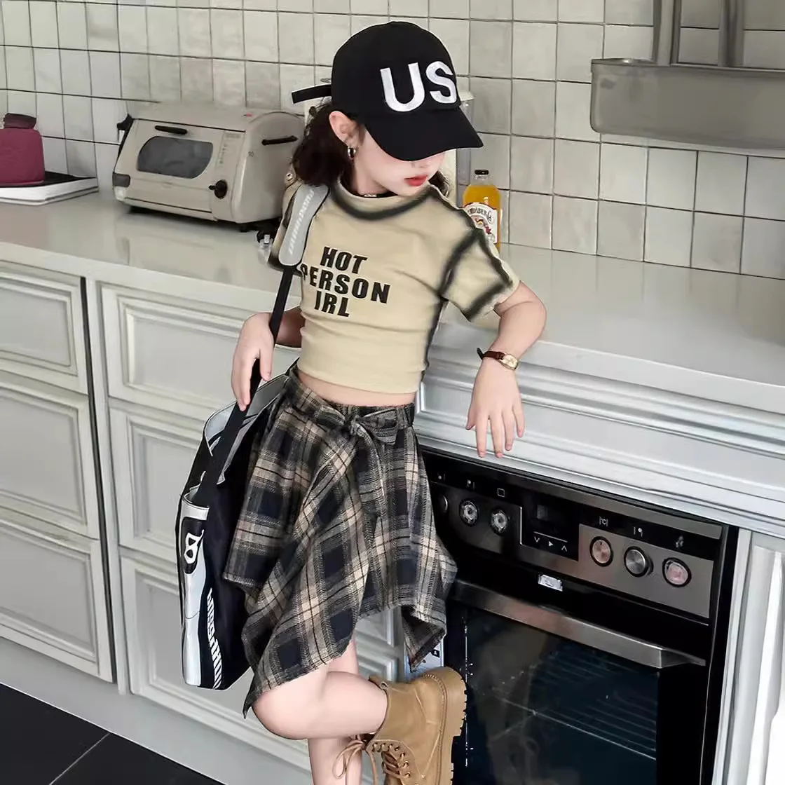 junior Girls Summer skirt Set 2024 Fashion Cotton Short t-shirt Irregular plaid Skirt Two Piece kids clothes suit child outfits