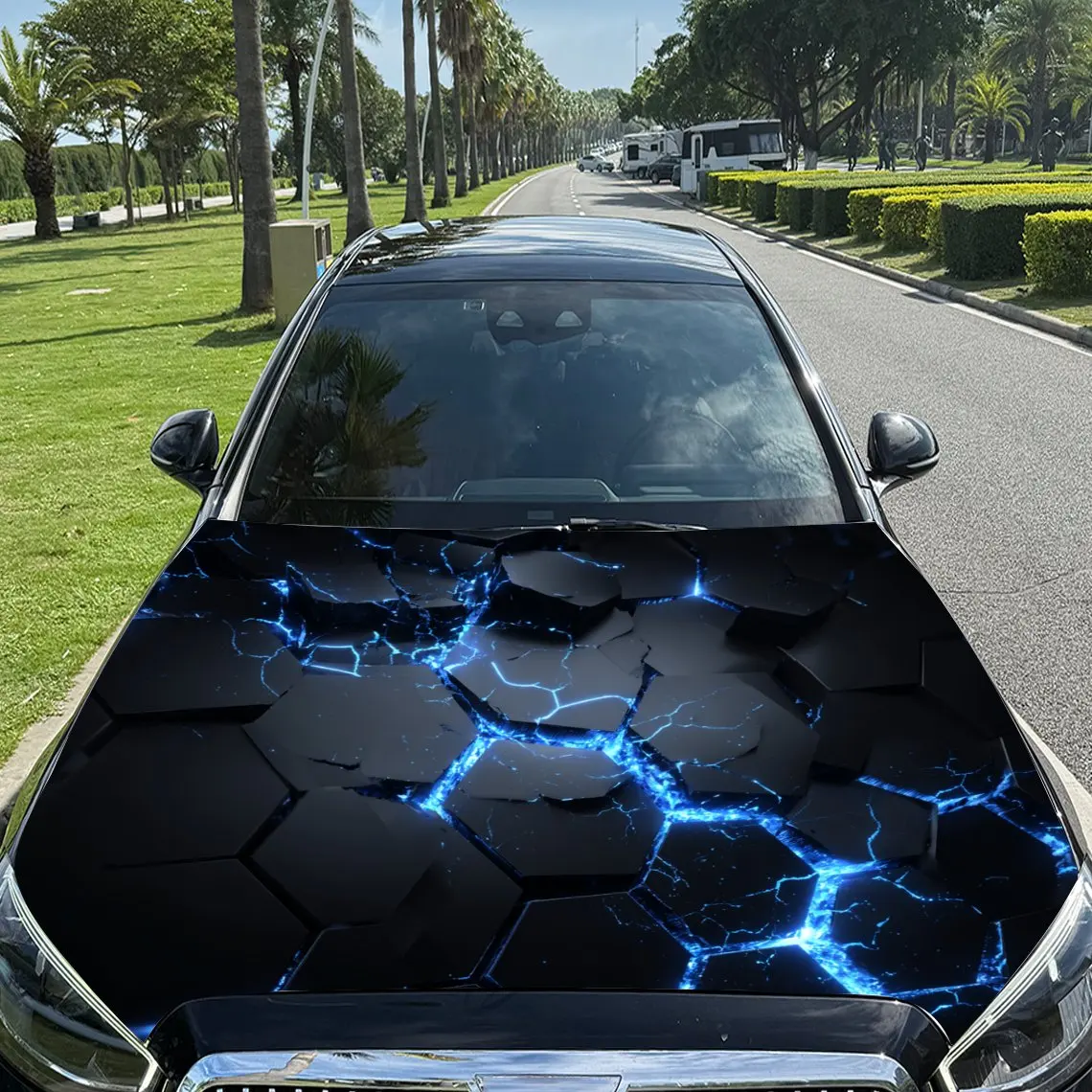

Electric Blue Cracks Hexagon Car Vinyl Wrap, PVC Material Waterproof Car Hood Sticker, Self-Adhesive Scratch-Resistant Stickers
