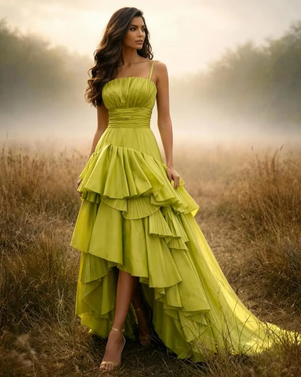 

Customized Modern Style Women Jersey Ruched Pleat A-line Evening Dresses Classic Sexy Spaghetti strap Hi-Lo Dresses Prom Dresses