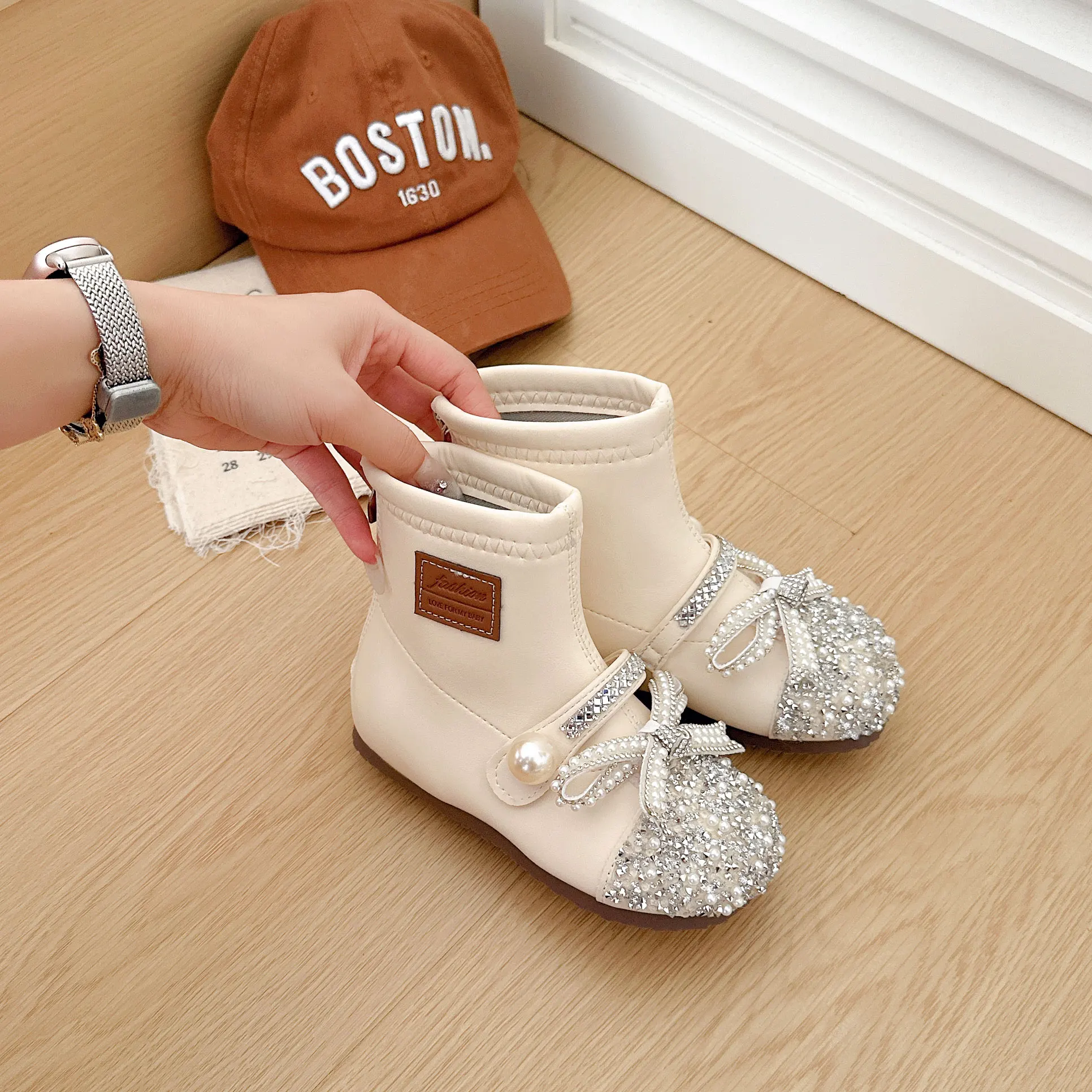 Girls Ankle Boots Toddler Little Kids Rhinestone Pearl Bow Zipper Soft Non‑Slip Sole Princess Dress Daily Casual Footwear