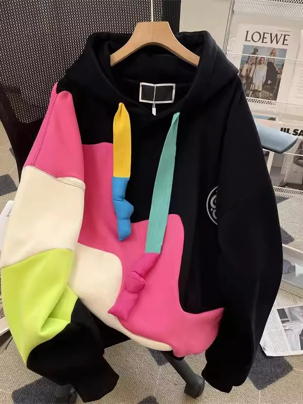 

Мужская толстовка оверсайз с капюшоном, в стиле пэчворк, с длинными рукавами, повседневная, теплая и удобная