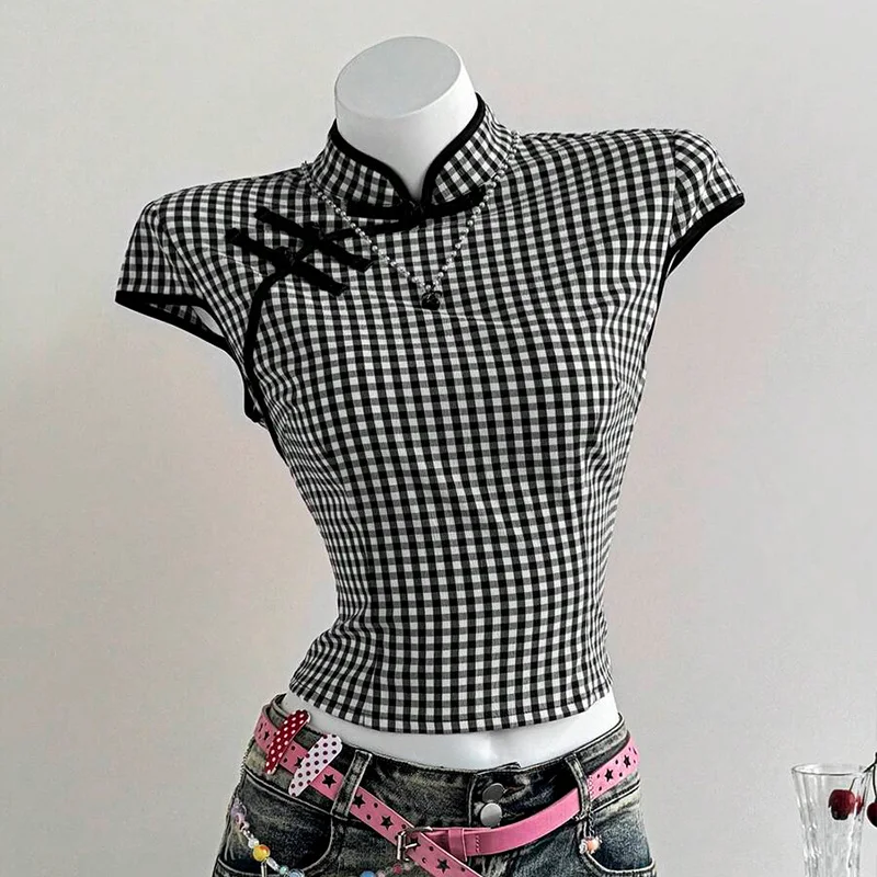 2000s Retro improved Summer New Chinese style Cheongsam design casual fashionable plaid Pattern casual emo short sleeved tops