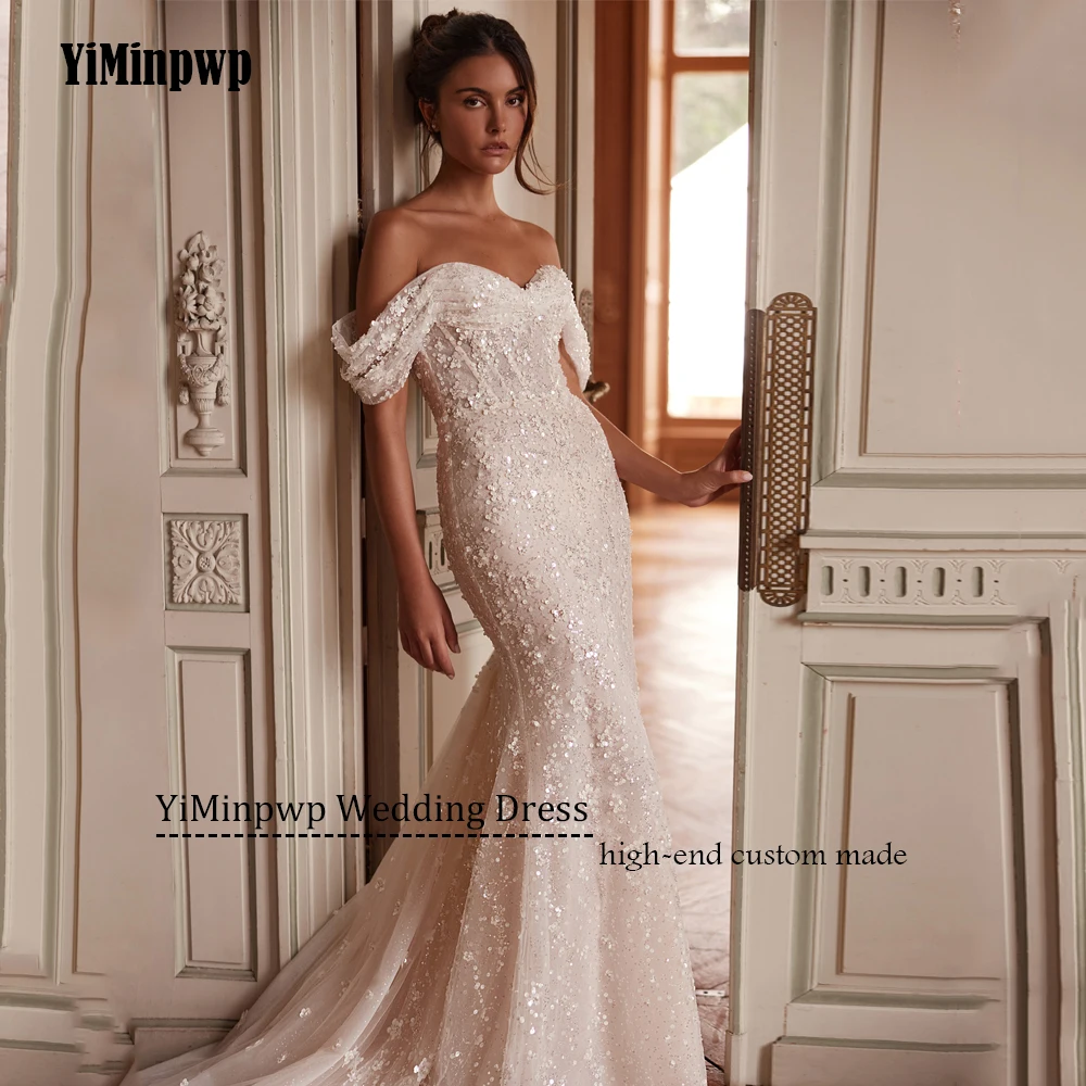 فساتين زفاف حورية البحر فاخرة 2025 بدون أكتاف مطرزة بالترتر وأكمام قابلة للانفصال على شكل قلب فيستدوس دي نوفيا مخصصة