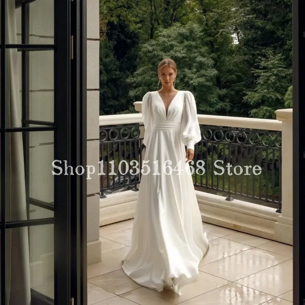 Vestidos de novia de línea a para mujer, ropa elegante de satén con cuello en V y manga larga, color blanco, para ocasiones formales, 2024