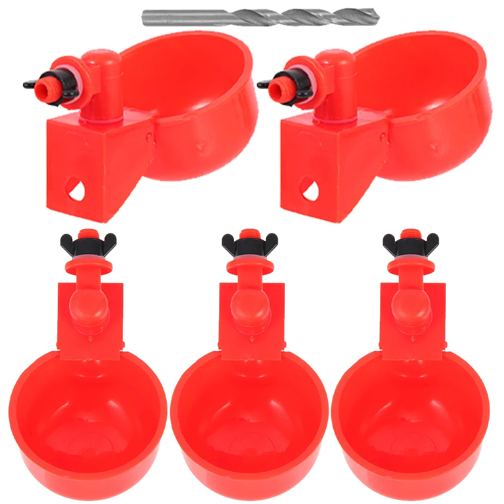 

5 Red Bowls 1 Drill Chicken Drinking Cup Automatic Water Feeder Pasture Hens Multi Function Bird Poultry Accessory Duck Waterer