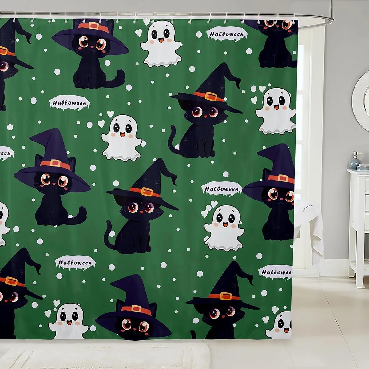 

Halloween Sugar Ghost Bathroom Curtain,Cat Witch Shower Curtain for Kids Boys Girls Bathroom Decor,Happy Halloween Waterproof