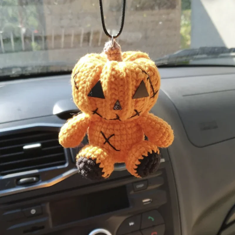 Woven Animal Car Hanging Ornament, Colorful Handmade Knitting Pumpkin Head Bull Pendant, Wall Hanging, Auto Interior Accessories