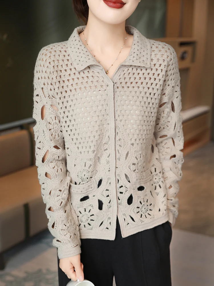 

Merino 100% Pure Wool Knitted Sweater For Women's Casual Fashion Crochet Embroidery Hollow Cardigan