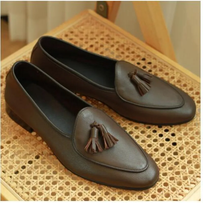

Coffee Black Mens Loafers Fashion Cow Leather Tassel Fringe Gentlemen