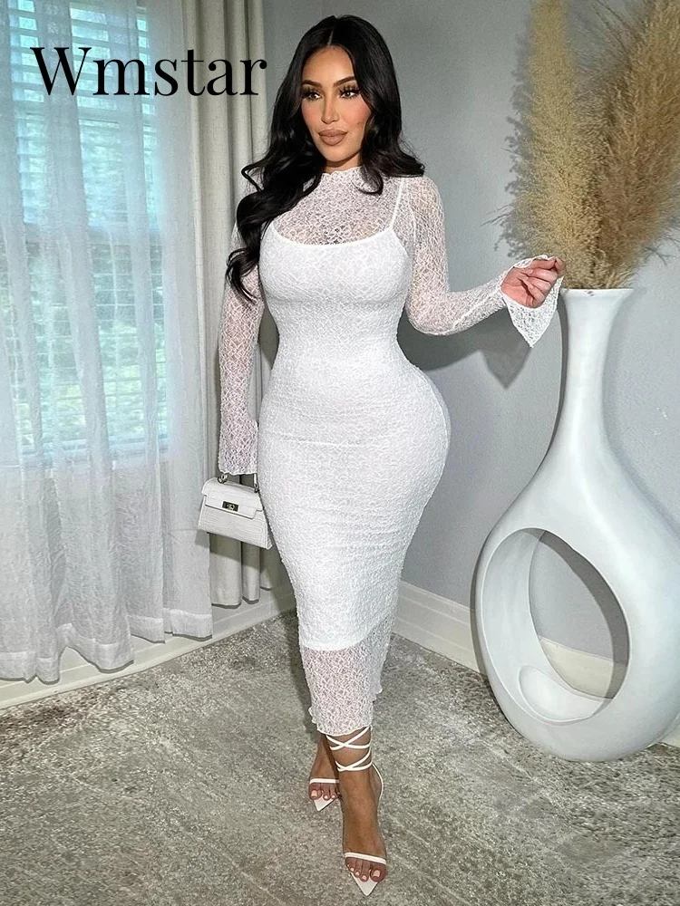 Wmstar Damen-Kleider 2025, Großhandel, sexy Mesh-Patchwork, langärmelig, Sommer, hohe Taille, drapiert, figurbetont, Streetwear, langes Kleid