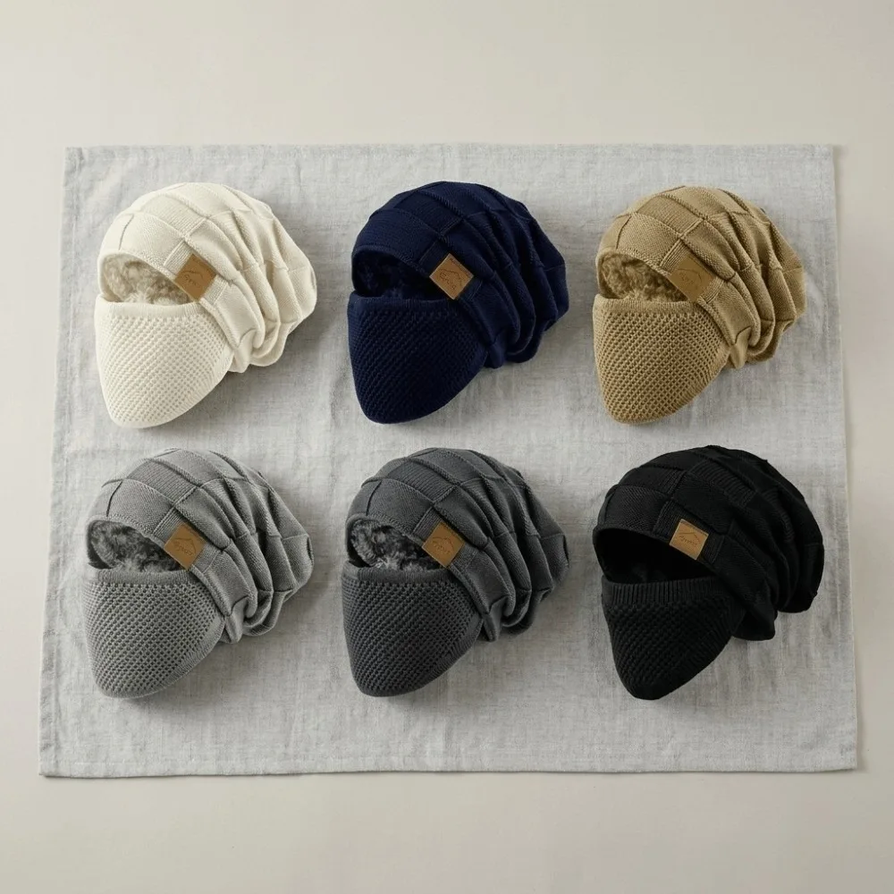 2Pcs/Set Portable Elastic Hat Face Mask Set Windproof Warm Full Head Cover Hat Durable Thickly Men Knit Beanie Cycling