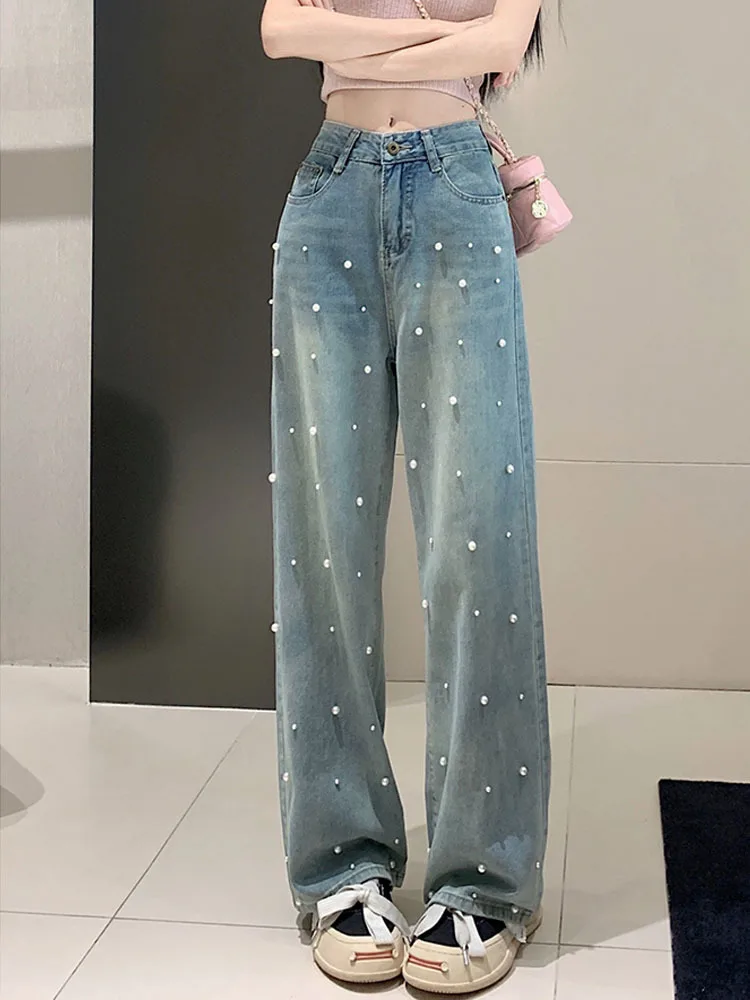 2023 Spring and Summer New Design Sense Pearl Slimming Loose Casual Baggy Jeans Straight-Leg Pants Women\'s Long Trousers Fashion