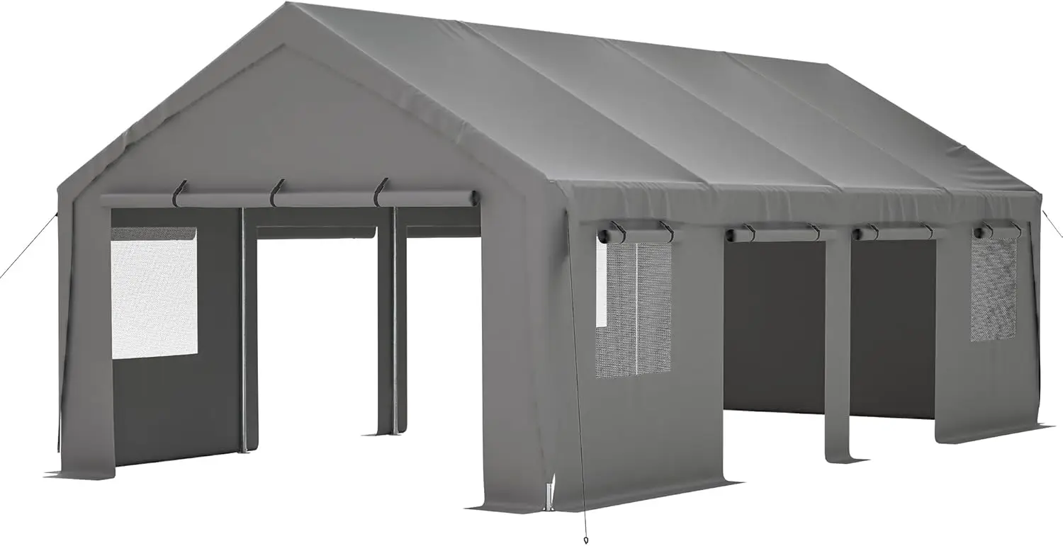 

Carport 13X25Ft Portable Garage Car Canopy Heavy Duty Car Port With Mesh Windows And Removable Sidewalls Uv Resistant