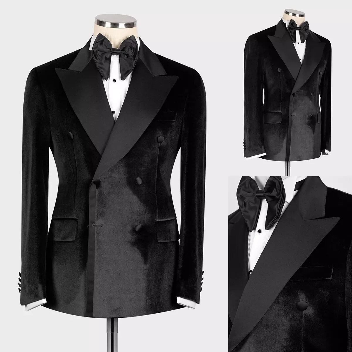 Black Velvet Mens Wedding Peaked Lapel Double Breasted Jacket Pants Suits 2 Pieces Birthday Party Prom Formal Groom Wear