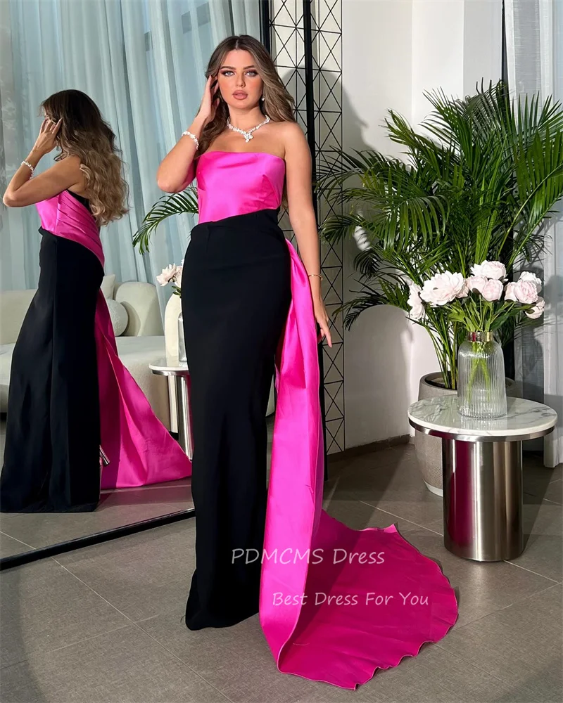 Charming Pink Satin Evening Party Dresses Customized Strapless Floor Length Simple Party Dress Arabic Women Formal Evening Gowns