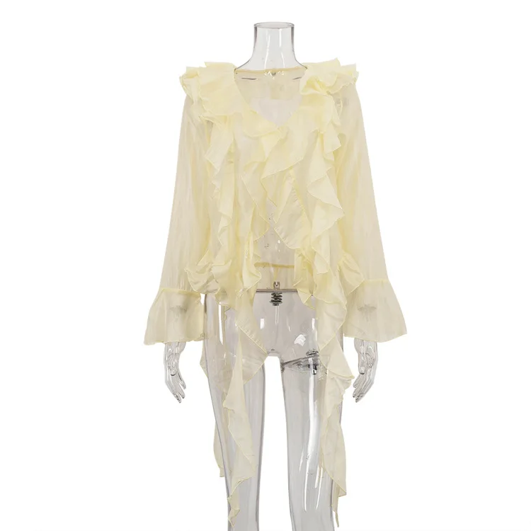 

Faionable Long Sve Casual Top with Lace Trim Sun Protection Loose Fit V-Ne Traditional Chinese Sle Women's irt