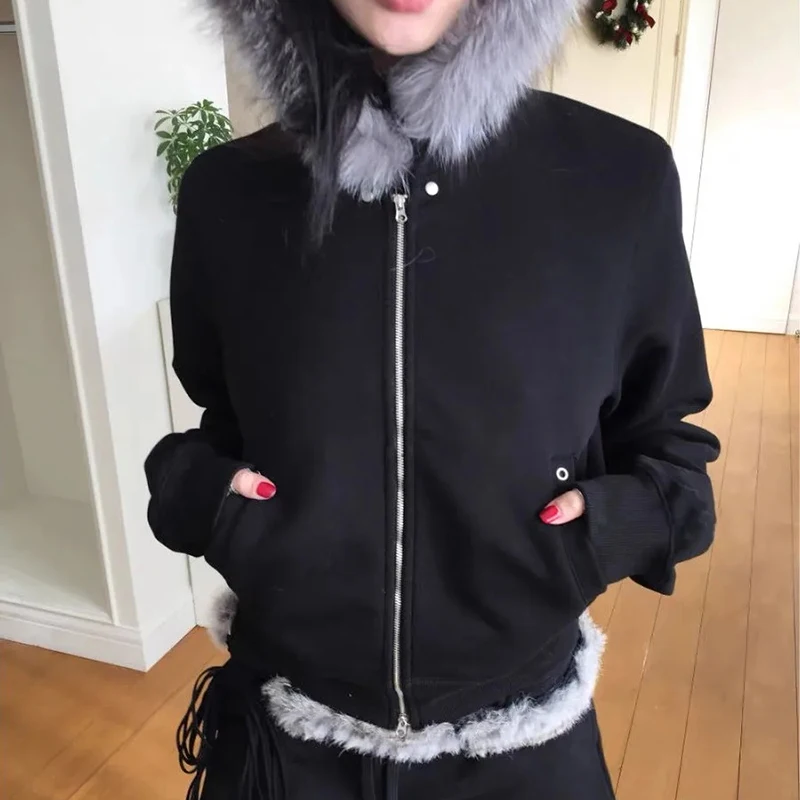 여성 사이버 그런지 후드 코트 가을 긴 소매 지퍼 플러시 브림 후드 포켓 포함 E-girl Preppy Vintage Y2k 스웨트