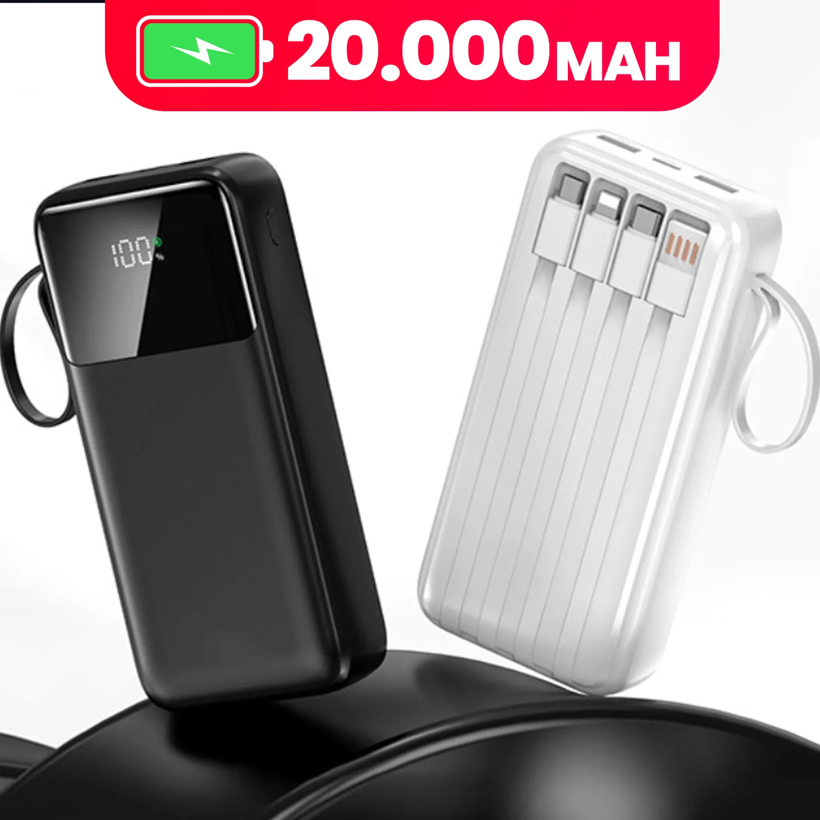 Power Bank 20000mAh Carregador Portátil com 4 Portas USB e Display Digital, Carregamento Rápido para Celular e Tablet