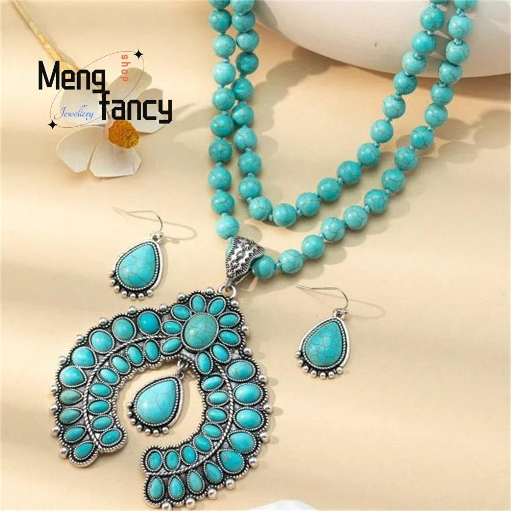 

Natural New Vintage Triple Layer Flower Turquoise Earrings Western Style Exaggerated Buddha Bead Necklace Fashion Luxury Jewelry