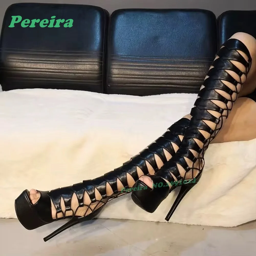 

Hollow Out Platform Gladiator Sandals Peep Toe Stiletto Heels Back Zipper Women's Sandals Summer Leather Runway Shoes Luxury