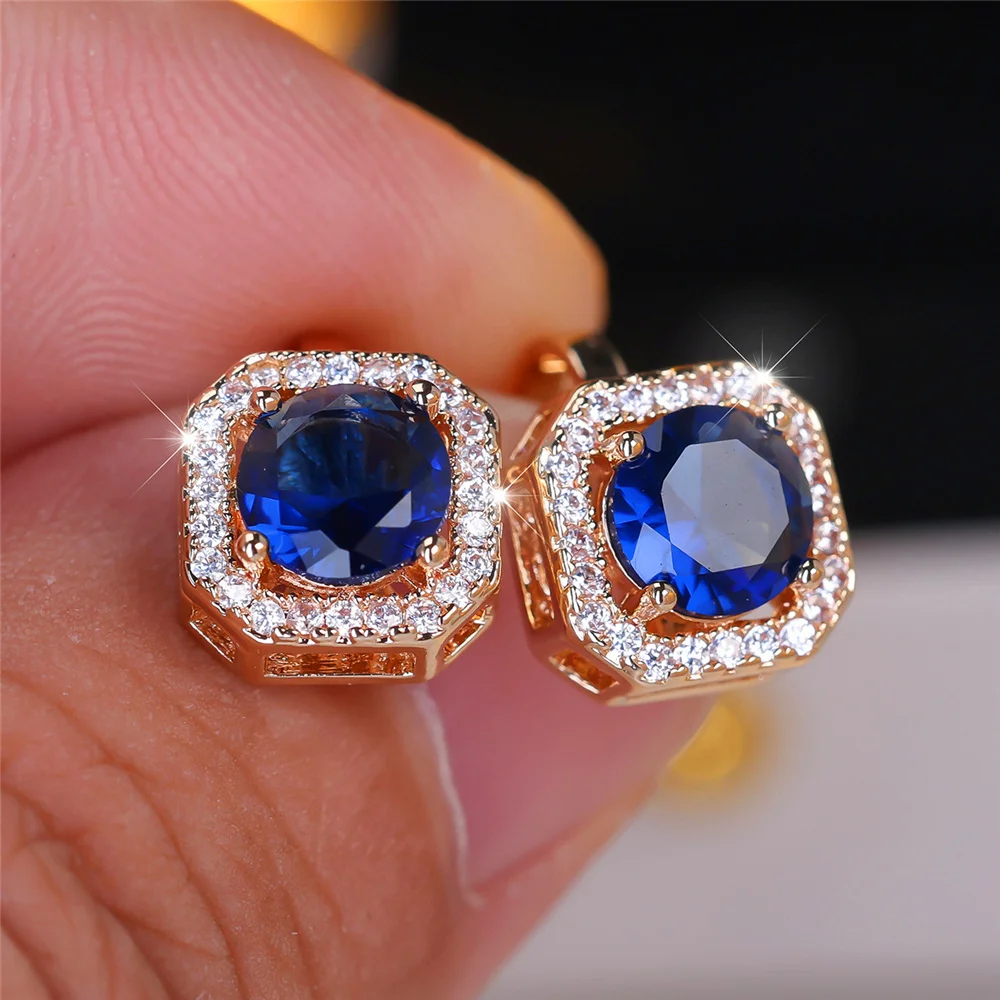 Crystal Round Stone Clip Earrings For Women Rose Gold Silver Color White Green Blue Zircon Jewelry Simple Fashion Gifts
