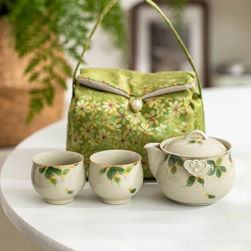 Hand-Painted Osmanthus One Pot Two Cups Travel Portable Ceramic Kung Fu Tea Set Teapot Set Handheld Teapot Tea Cup Tea Brewing P